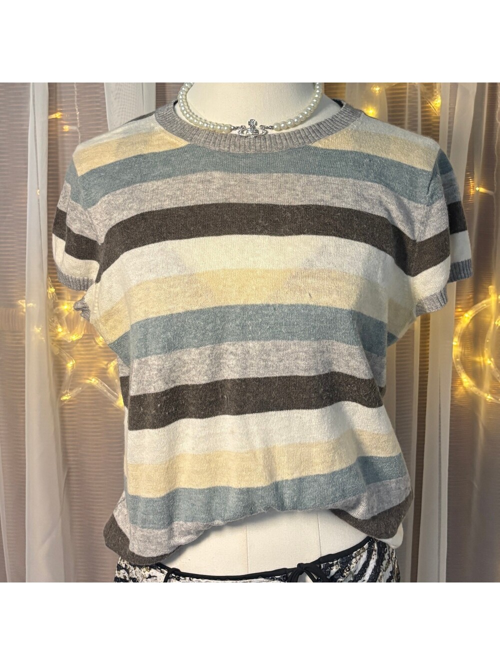 Banana Republic Angora Blend Striped Short Sleeve Sweater Gray Blue M Coastal